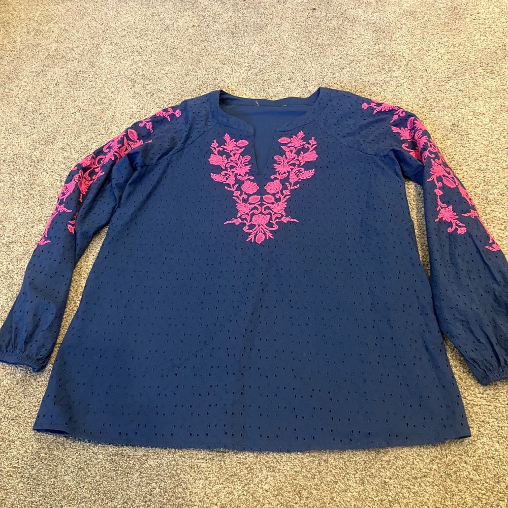 Lilly Pulitzer Emberline Blue Pink Embroidered Eyelet Tunic Top Size M NO TAG